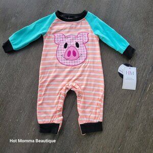 Baby Striped Long Sleeve Pig Applique Romper 3M